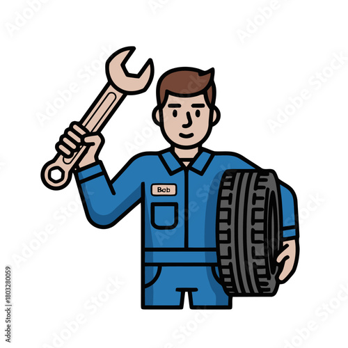 Cartoon mechanic holding wrench and car tire