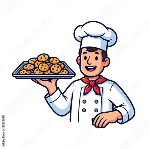 Cartoon chef holding tray freshly baked chocolate chip cookies, , representing baking and culinary arts
