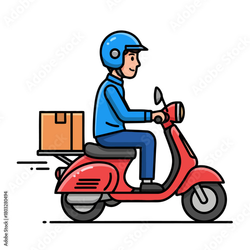 Delivery man in blue shirt and helmet riding red scooter with package on the back