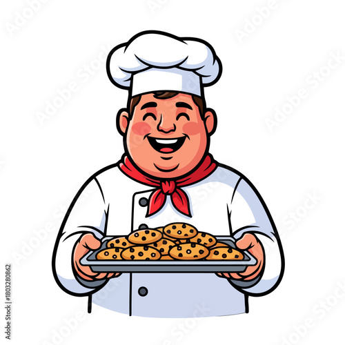 Happy chef holding tray freshly baked chocolate chip cookies