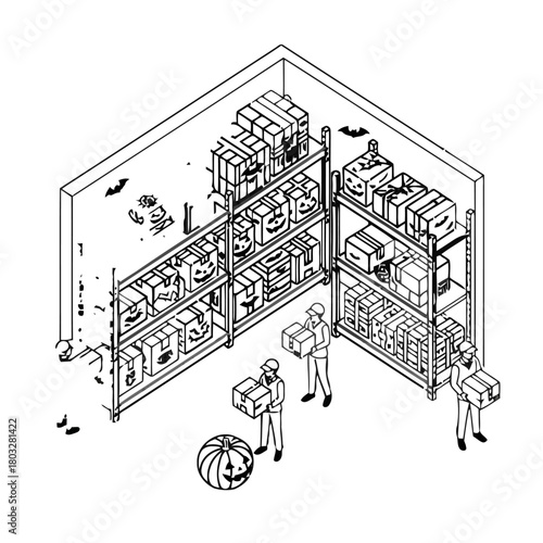 An isometric view storage room filled with shelves packed with boxes, some decorated with halloween themes, and people carrying boxes