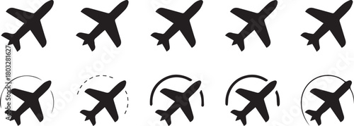 Aircraft Rotation Icons – Black Silhouettes with Pitch, Roll, and Yaw Arrows for Aviation UI and Training