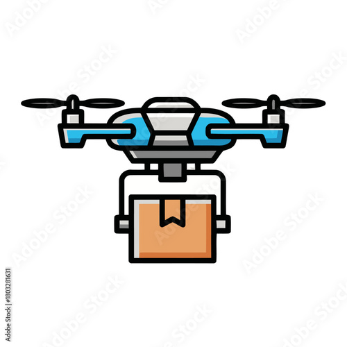 Modern drone with four propellers carries brown package suspended beneath it, isolated on transparent