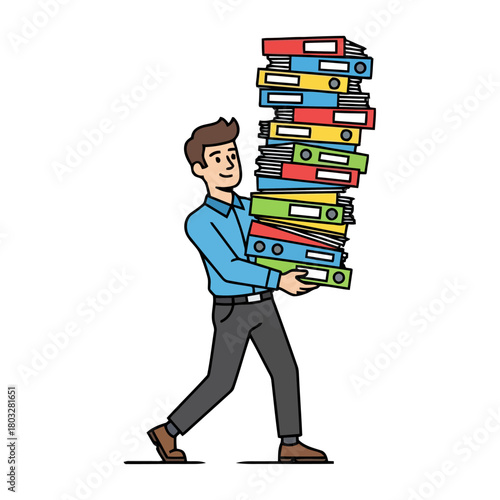 Man in blue shirt and grey pants carries very tall stack colorful binders and folders, isolated on transparent