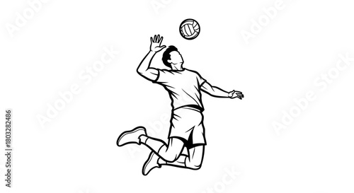 Monochrome outline of volleyball player jumping to spike