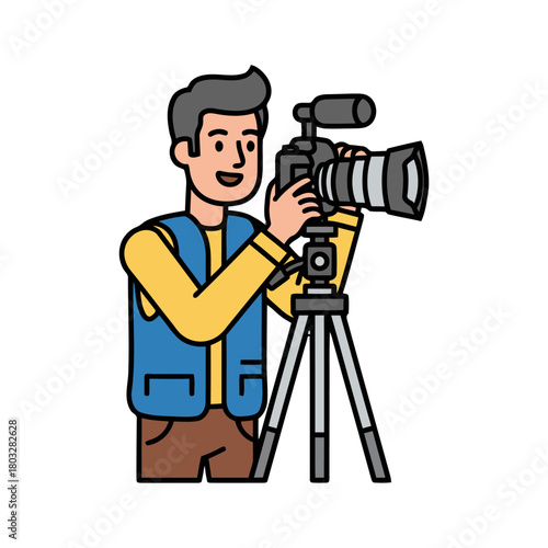 Cameraman operating professional video camera on tripod, capturing footage for film or broadcast