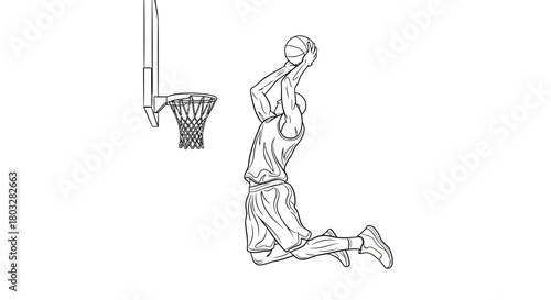 Monochrome outline of basketball player doing slam dunk