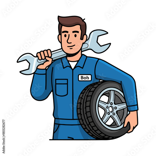 Cartoon mechanic named bob wearing blue overalls, holding large wrench and car tire