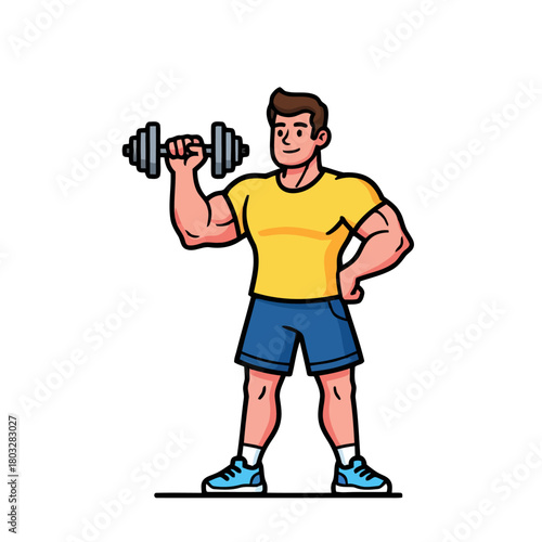 Cartoon man with muscular arms wearing yellow tshirt and blue shorts, lifting dumbbell during workout