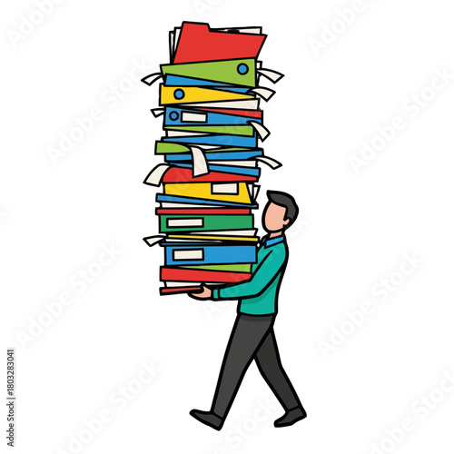 Man carrying very tall stack colorful folders and binders