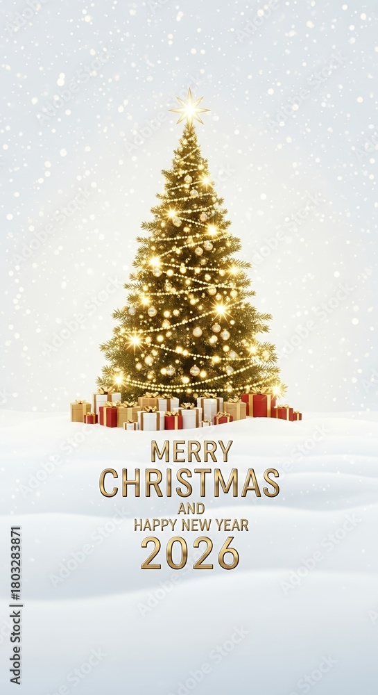 Obraz premium Golden Christmas tree decorated with white lights and ornaments surrounded by wrapped gifts snow falling in the background festive holiday season new year celebration 2026