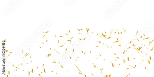Golden confetti and streamers falling against a white background creating a celebratory and elegant atmosphere for events	