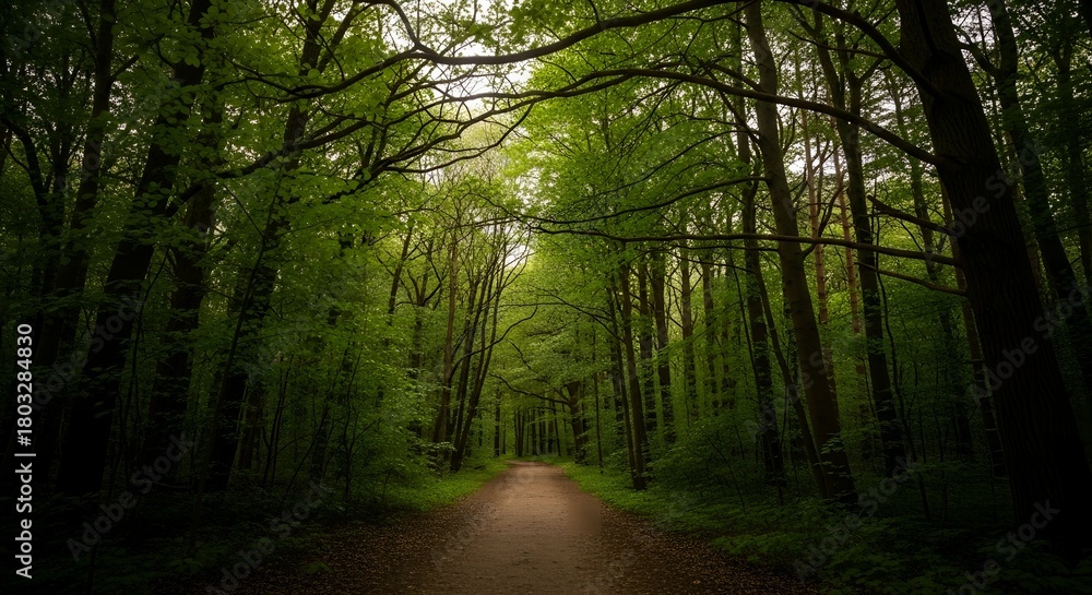 Fototapeta premium Lush green forest path a tranquil scene with tall trees perfect for nature backgrounds and travel inspiration