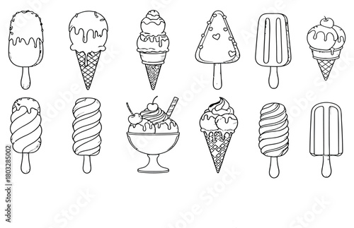 Collection of hand drawn ice cream treats and popsicles in outline style for summer designs
