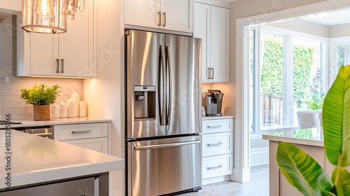 Modern kitchen featuring a stainless steel refrigerator, white cabinets, and bright countertops, creating a clean, updated living space