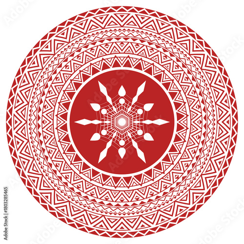 Round winter design element, geometric ornament and snowflake, festive vector background, isolated on white