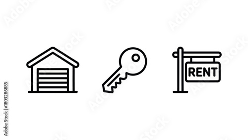 Three simple line icons depicting a garage a key and a rent sign arranged horizontally on white ground vector, illustration, artwork
