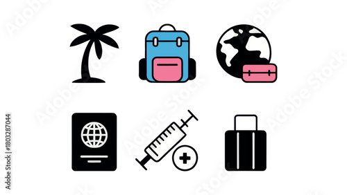 Icons depicting travel elements including a palm tree backpack globe passport vaccine and suitcase icon set vector, illustration, artwork