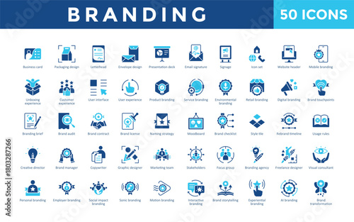 Branding icons set with business card, packaging design, letterhead, envelope design, presentation deck , email signature icon. Simple flat vector 
