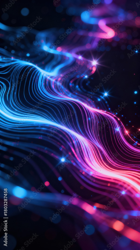 Fototapeta premium Smooth curves of blue and pink light undulate gracefully against a dark backdrop, filled with sparkling elements that create a mesmerizing visual effect