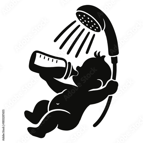 A silhouette of a baby enjoying a shower and bottle at once