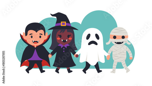 Cute Halloween Kids in Costumes: Vampire, Witch, Ghost, Mummy Walking. Flat Vector Illustration for Spooky Season Fun.
