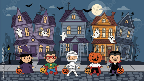 Cute kids in Halloween costumes trick-or-treating on a spooky street with haunted houses, ghosts, bats, and a full moon at night.