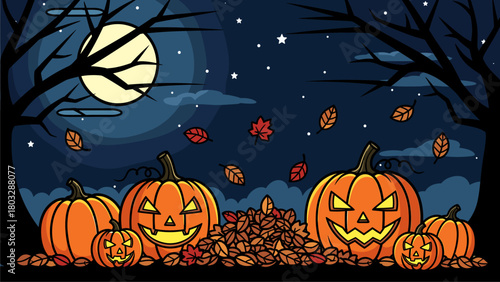 Spooky Halloween Night with Jack-o'-Lanterns, Full Moon, and Falling Autumn Leaves. Festive Fall Cartoon Vector.