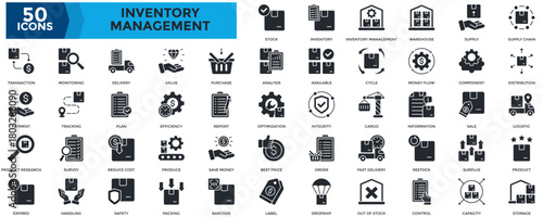 Inventory Management icon set. Containing distribution, logistic, product, , plan, efficiency, report, optimization, integrity, cargo icon. Glyph style