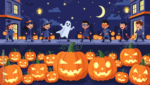 Cartoon Halloween night scene: Kids trick-or-treating in costumes with glowing jack-o'-lanterns and spooky street decor.