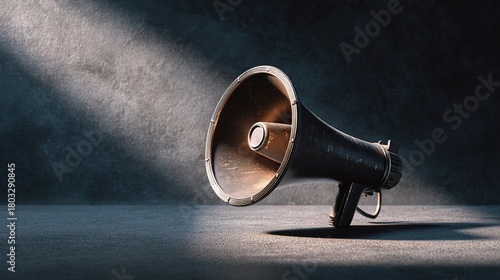 amplifier. Vintage megaphone on minimalist background with dramatic shadows, representing communication concepts. event programs.