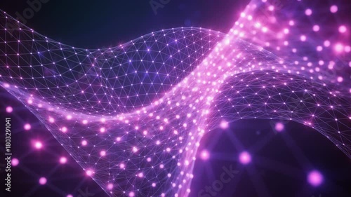 Purple glowing network mesh waves, abstract technology background