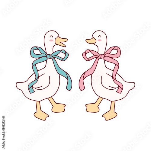 Two adorable cartoon geese or ducks wearing pink and blue ribbons, symbolizing friendship, partnership, and and Valentine's Day.