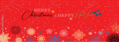 Festive Merry Christmas and Happy New Year Banner, features a cheerful red background adorned with falling snowflakes and holiday motifs, ideal graphic for seasonal greetings, social media banners