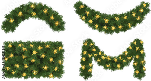 A collection of vibrant green pine garlands and swags intricately adorned with shimmering golden lights, ideal for creating a festive atmosphere during the holiday season and winter celebrations