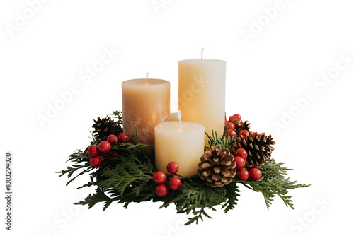 Christmas candle centerpiece with pine cones and berries isolated on transparent background