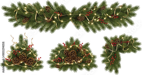 Festive Christmas garland with pine cones, red berries, and golden lights, decorated with ribbons