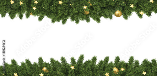 Christmas Frame with Fir Branches, Golden Baubles and Star Lights Holiday Border