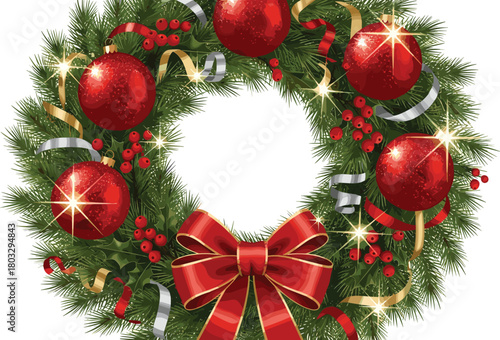Beautifully Illustrated Christmas Wreath Adorned with Shiny Red Ornaments, Festive Berries, and a Classic Bow, Perfect for Holiday Season Celebrations and Decorations