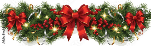 Elegant holiday swag decoration featuring evergreen pine branches, vibrant red ribbons, glowing lights, and festive berries for Christmas and winter celebrations