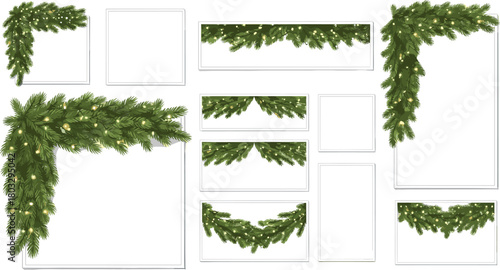 A versatile collection of realistic Christmas banners and frames decorated with glowing fir garlands for holiday designs