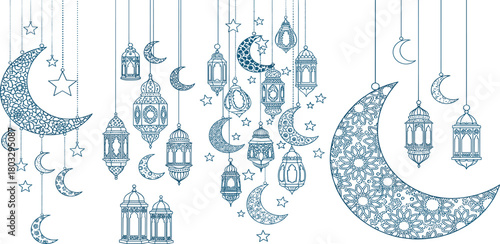 Eid Mubarak Decorative Design with Lanterns, Moons, and Stars for Festive Celebration