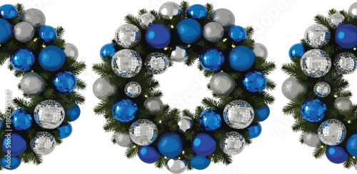 An elegant festive wreath, adorned with shimmering blue and silver ornaments and verdant pine branches, embodying the joyous spirit of holiday season celebrations and winter charm
