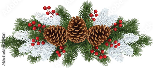 Elegant Christmas floral arrangement featuring snow-flocked fir sprigs, natural pine cones, and vibrant red berries for festive decor