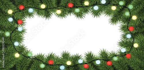 A festive rectangular frame of evergreen fir branches adorned with a string of glowing, colorful Christmas lights