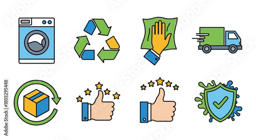 Sustainable cleaning delivery recycling and quality service icons