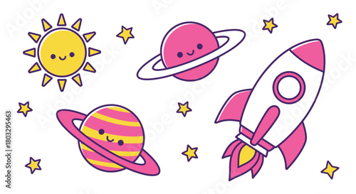 Cute cosmic adventure with pink rocket, planets, and smiling yellow sun