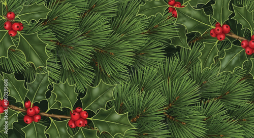 Festive Greenery Embrace: A vibrant tapestry of seasonal charm, the image is woven with the intertwined boughs of evergreen pine and holly, sprinkled with the pop of bright red berries.