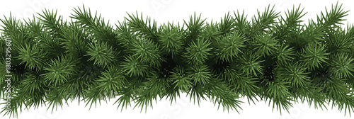 Realistic Christmas tree garland border with green pine needles and soft lighting on a white background