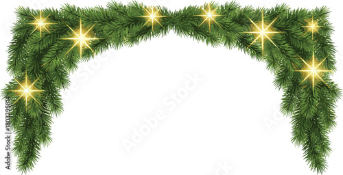 Festive Pine Garlands Adorned with Sparkling Golden Star Lights, Ideal for Holiday Decorations and Winter Celebrations